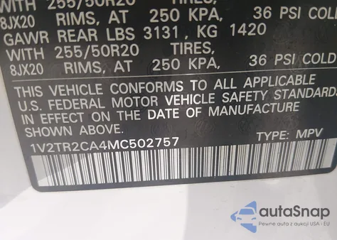 2021 Volkswagen Atlas 3.6L V6 Sel Premium z USA, uszkodzony, nr VIN 1V2TR2CA4MC502757